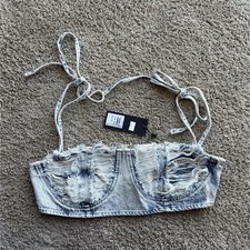 Eden Sky - Blue Denim Fringe Bustier Corset Top M Y2K Demi Zip Spaghetti Straps