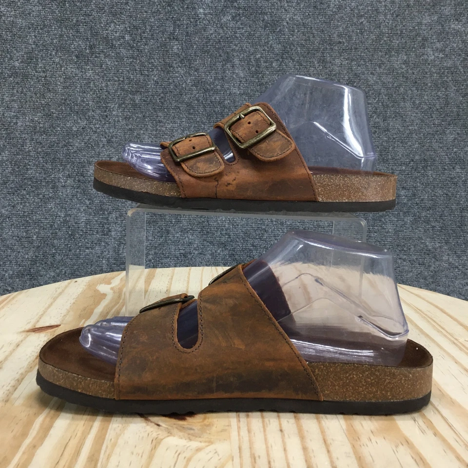 Sandálias femininas White Mountain 8 M Helga slides couro marrom fivela sapatos baixos casuais - Imagem 2 de 4