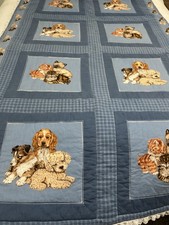Handmade Child Quilt Throw Blanket Blue Gingham Patchwork Puppies Kittens 42x68"