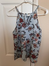 Papermoon Women's Tank Blouse Size M Tie Neck Tropical Print Blue Made In USA