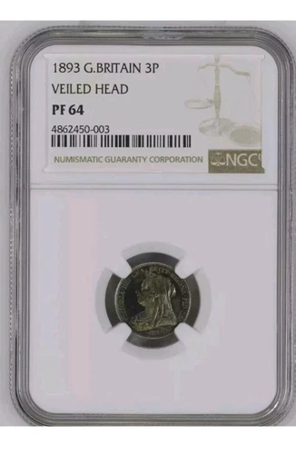 1893  Great Britain  3Pence  Slabbed By NGC PF64 Veiled Head.  RARE.