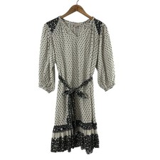 Knox Rose Boho Mini Dress Cream Black Dot Embroidered Olive XS 3/4 Sleeve Belted