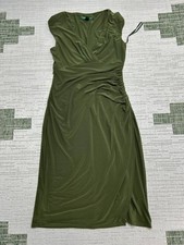 Lauren Ralph Lauren Midi Wrap Dress Women 8 Green Stretch Cocktail Ruched V Neck