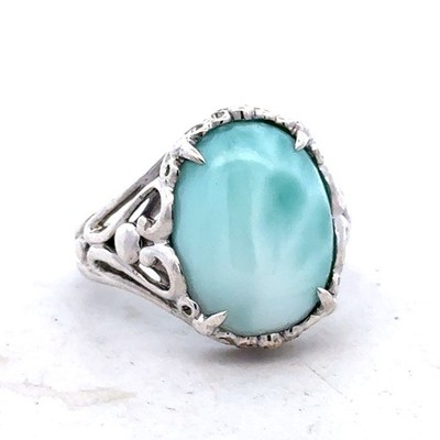 Designer Hallmarked Sterling Silver Oval Larimar Cabochon Open Work Dome Ring
