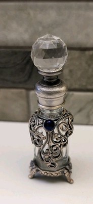 Vintage Ornate Silver Filigree Perfume Bottle   Crystal Stopper & Blue Gem...