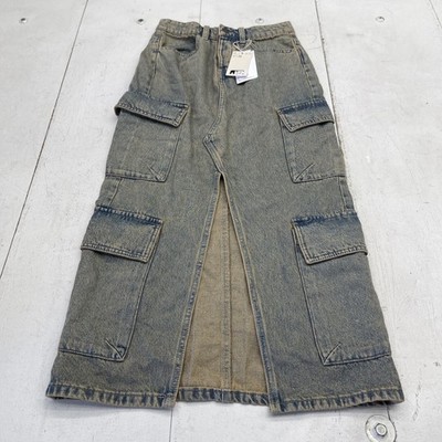 STR Skirt Juniors 00 Blue Denim Cargo Maxi High Waist Pockets Front Slit Casual