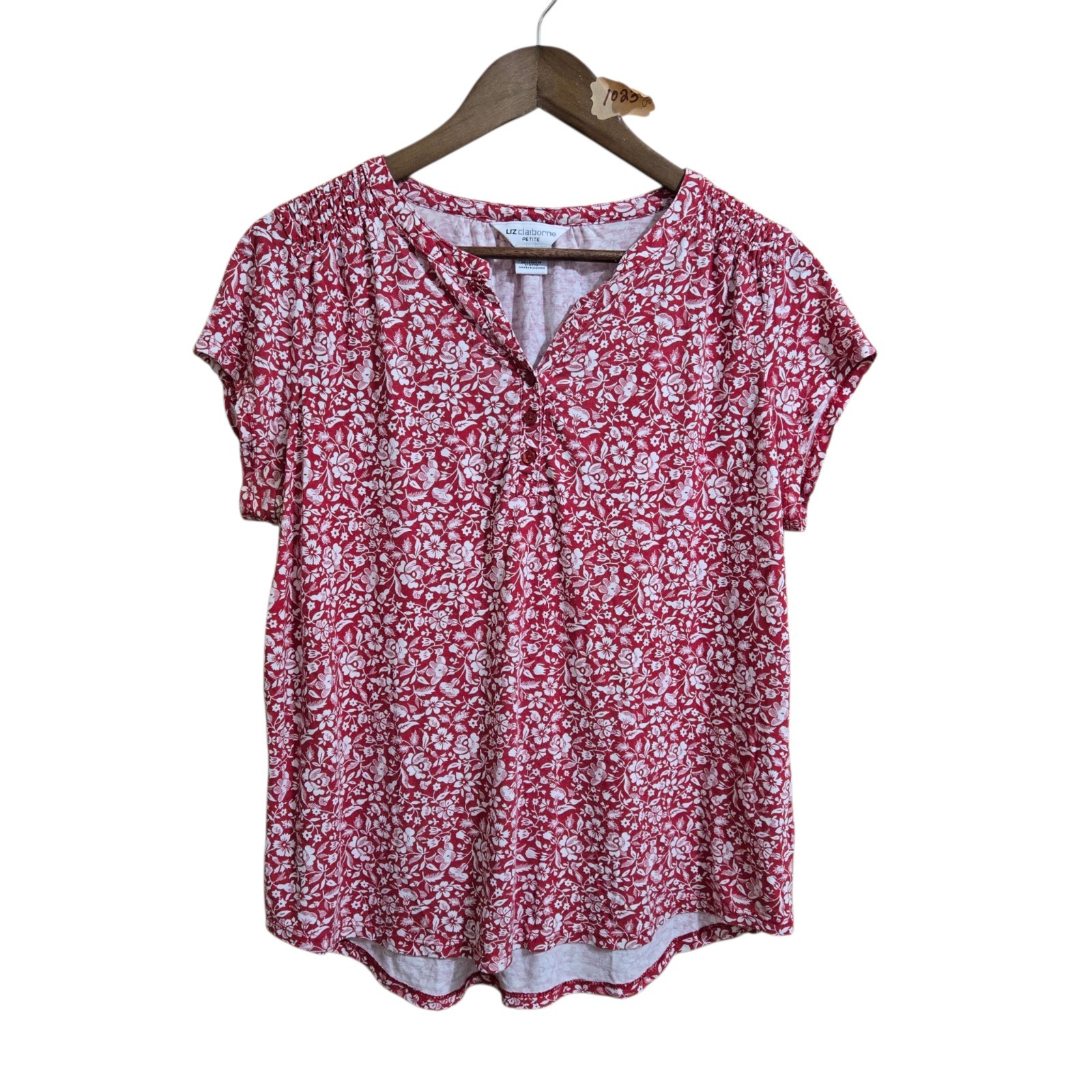 Liz Claiborne Red and White Floral Short Sleeve Top Size PL