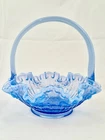 New ListingFenton Blue Opalescent Cabbage Rose Ruffle Basket