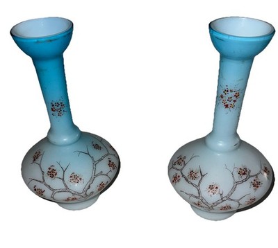 Antique 1890c Thomas Webb Satin Pair Of Cherry Blossom Vases Set Of Two