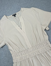 Express Beige Ruched A-Line Dress Short Sleeve V-Neck Size S Polyester