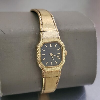 #ad Pulsar Women#x27;s Watch Vintage Gold Tone Analog Quartz Black Dial 5.25 inch 16 mm $29.75