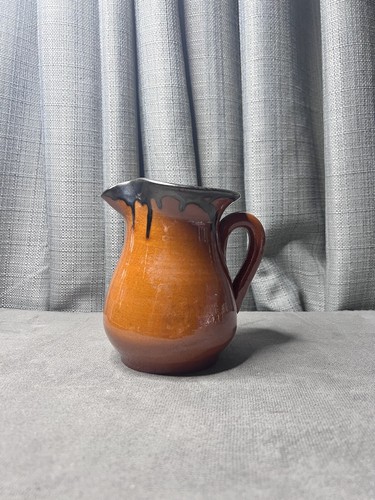 Vintage Small Pitcher Creamer Drip Glaze Redware Pottery Orange Brown READ DESCR