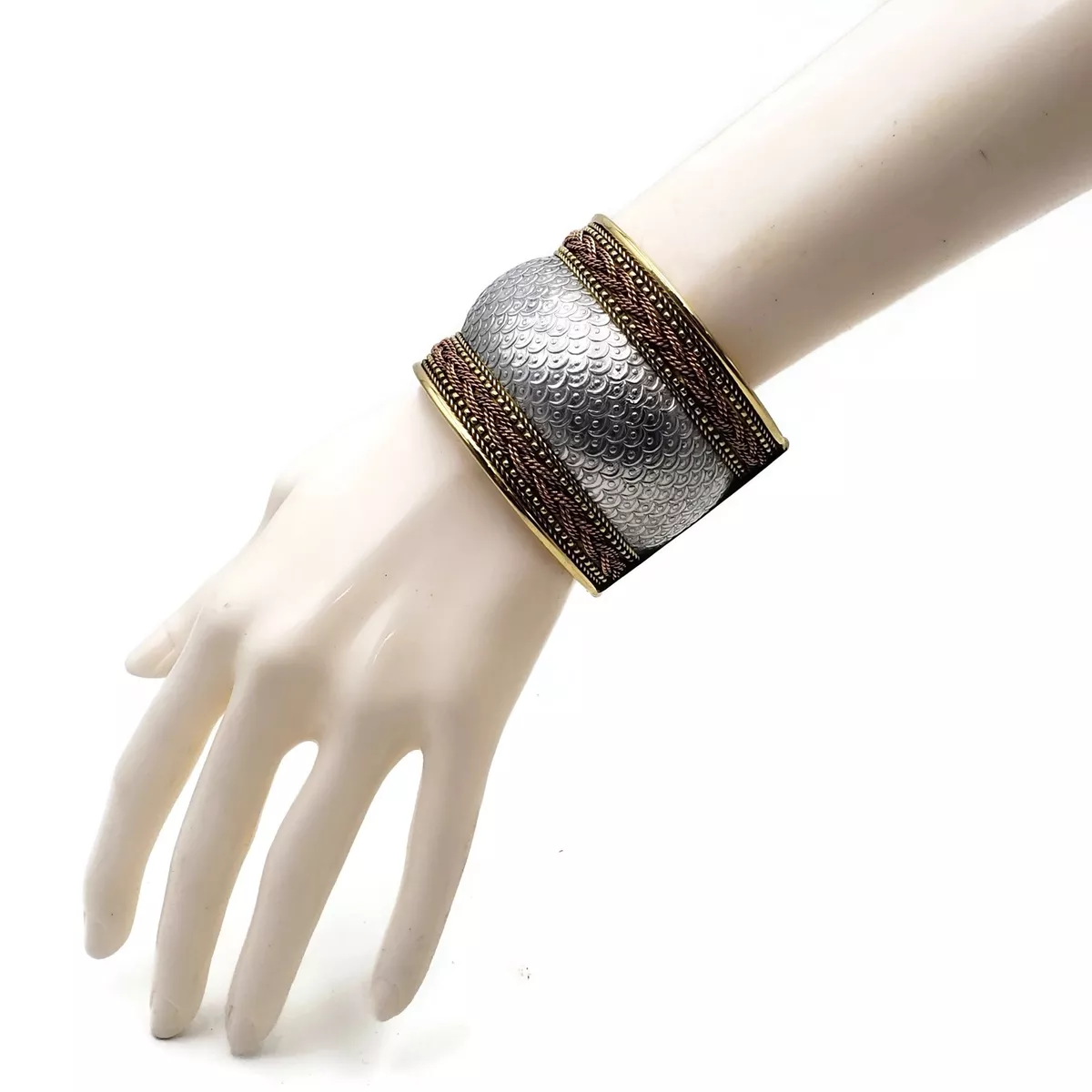 Ornate Brass Cuff Gold Metal Bracelet Ethnic Gauntlet Three Tone Cuff Bracelet