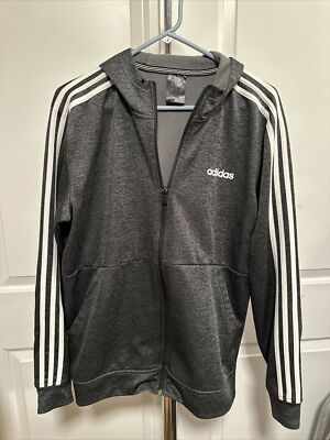 Adidas Hoodie Mens M Grey White Stripes Zip Up Jacket Polyester