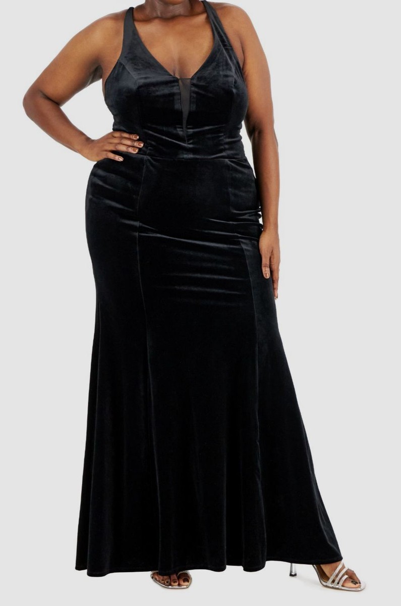 black velvet maxi dress plus size Final Sale Plus Size V-Neck Gown with Puffed Sleeves in Black Velvet
