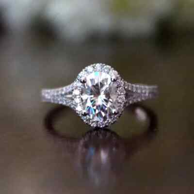 2.29Ctw Oval Moissanite Split Shank Halo Engagement Ring 14K White Gold Plated
