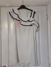 FLAM MODE MONOCHROME WHITE BLACK SCALLOP ASYMMETRIC RUFFLE STRAP SHIFT DRESS S/M