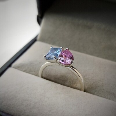 Pink tourmaline and aquamarine two stone ring/ October and march