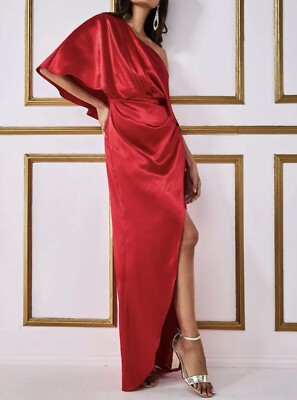 Satin Red Wrap Dress Uk Goddiva Red Satin Drape Shoulder Wrap Maxi Dress UK