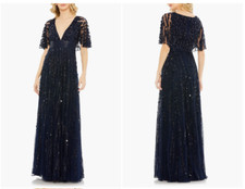 MAC DUGGAL 93784 EMEBELLISHED V-NECK COLUMN MIDNIGHT NAVY GOWN sz 12