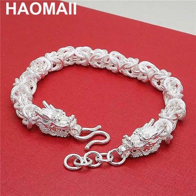 925 Sterling Silver 8mm Men's Chain Bracelet Classic Hiphop Dual Dragon Jewelry