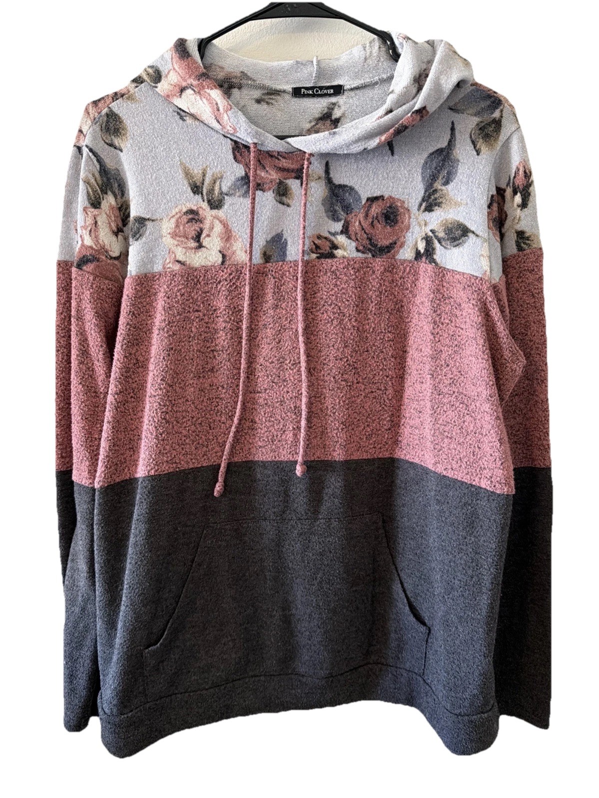 Pink Clover Floral Colorblock Hoodie Medium Womens Gray Pink Flower Sweatshirt