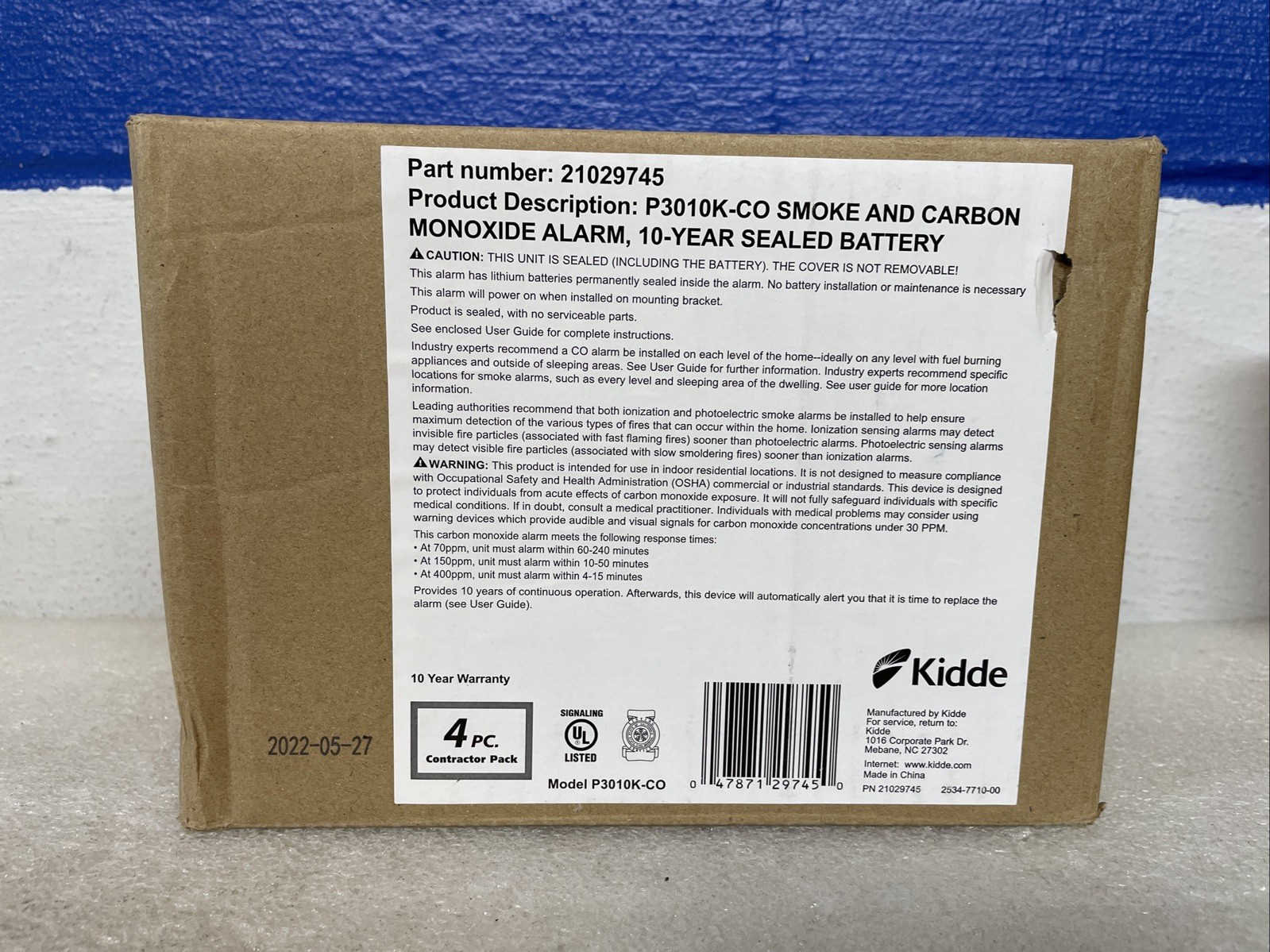 Kidde P3010K-CO Smoke & Carbon Monoxide Detector Alarm 10Yr Battery 4 Pack Box