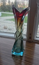 Murano Sommerso Rainbow 4 Lobe Finger Twisted Stretch Swung Art Glass Vase 1950s
