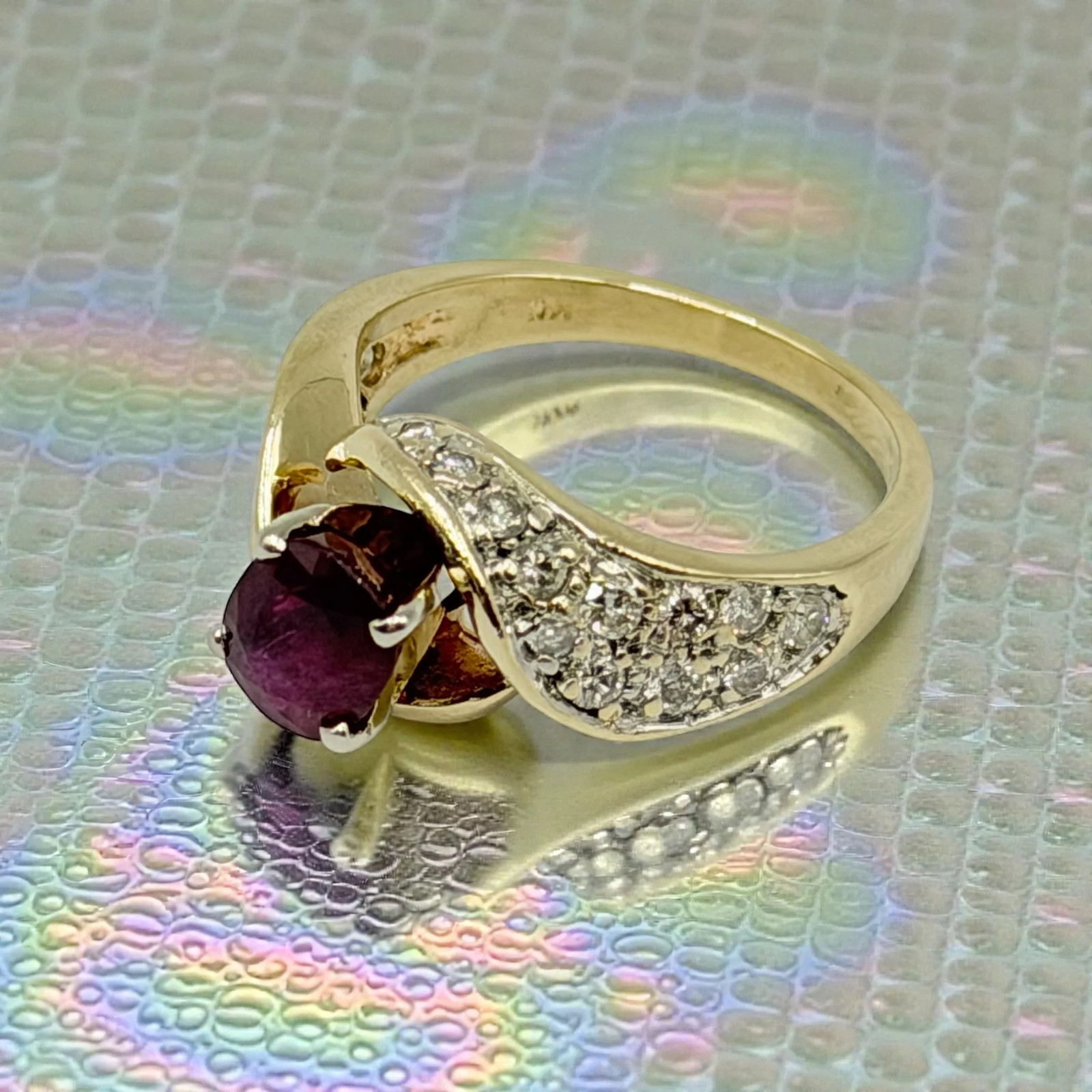 Solid 14K Yellow Gold Ruby Ring with 24 Diamond A… - image 3