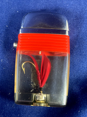 Vintage Scripto Vu Lighter Lucite Fishing Fly Hook Red Band Table Lighter USA