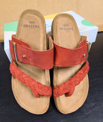 New EARTH ORIGINS Braided Print TOE-POST SANDALS Onida Red Nubuck Suede IN BOX