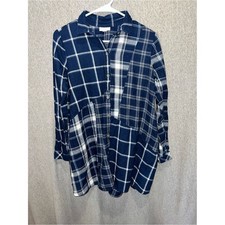 J. Jill Womens Navy Blue White Mixed Plaid Button Front Relaxed Top Medium