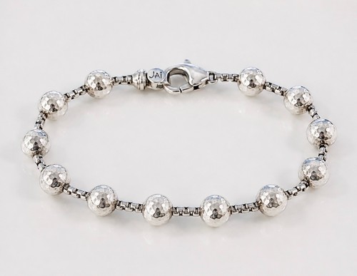 JAI Sterling Silver Hammered Bead, Box Chain Bracelet, 7.5", 13.6g