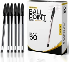 Premium Pack of 50 - Medium Tip Fluent Smooth Writing Black Biro Ballpoint Pens,