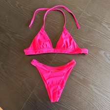 Victoria's Secret Neon Pink Halter Triangle Top and Brazilian Bikini Set XS