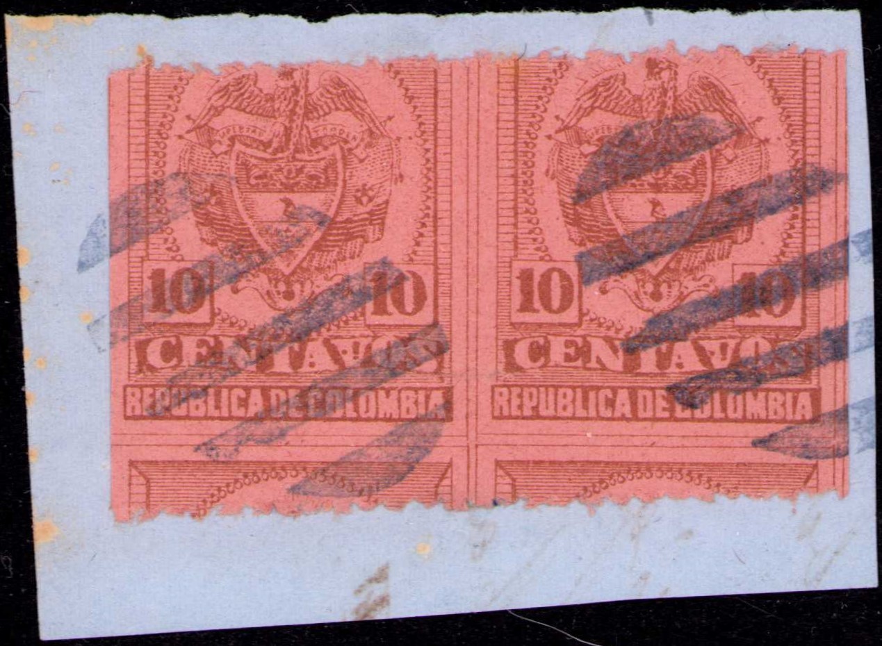 COLOMBIA - 10c USED PAIR ON PIECE - W/ PERF ERRORS  - Sc 153 - 1892 RRRR