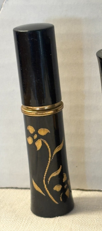 Vintage Rollarama Purse Perfumer. Black with Gold Floral and Band 3 1/4"