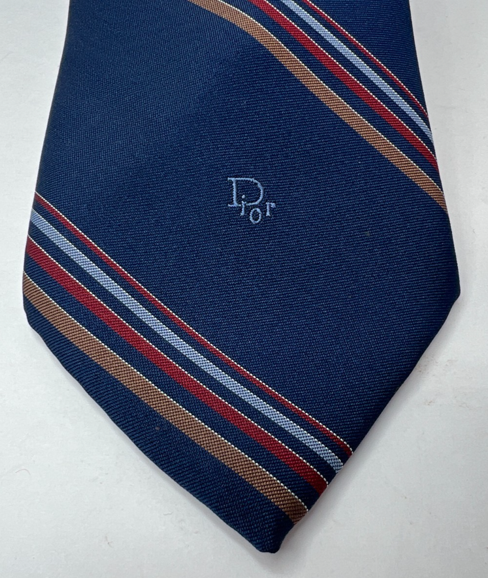 Christian Dior ホワイト ネイビー ブラウン ペイズリー Christian Dior Men's Navy Diagonal Stripe Tie Polyester Silk Logo