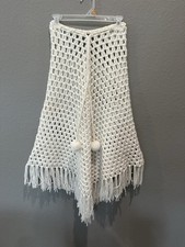 Hand Crafted Acrylic Crochet Poncho With Pom Poms In Cream