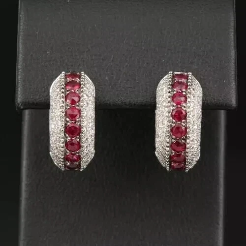 2Ct Round Cut Lab Created Red Ruby Huggie Hoop Earrings 14k White Gold Plated - Image 2 of 2