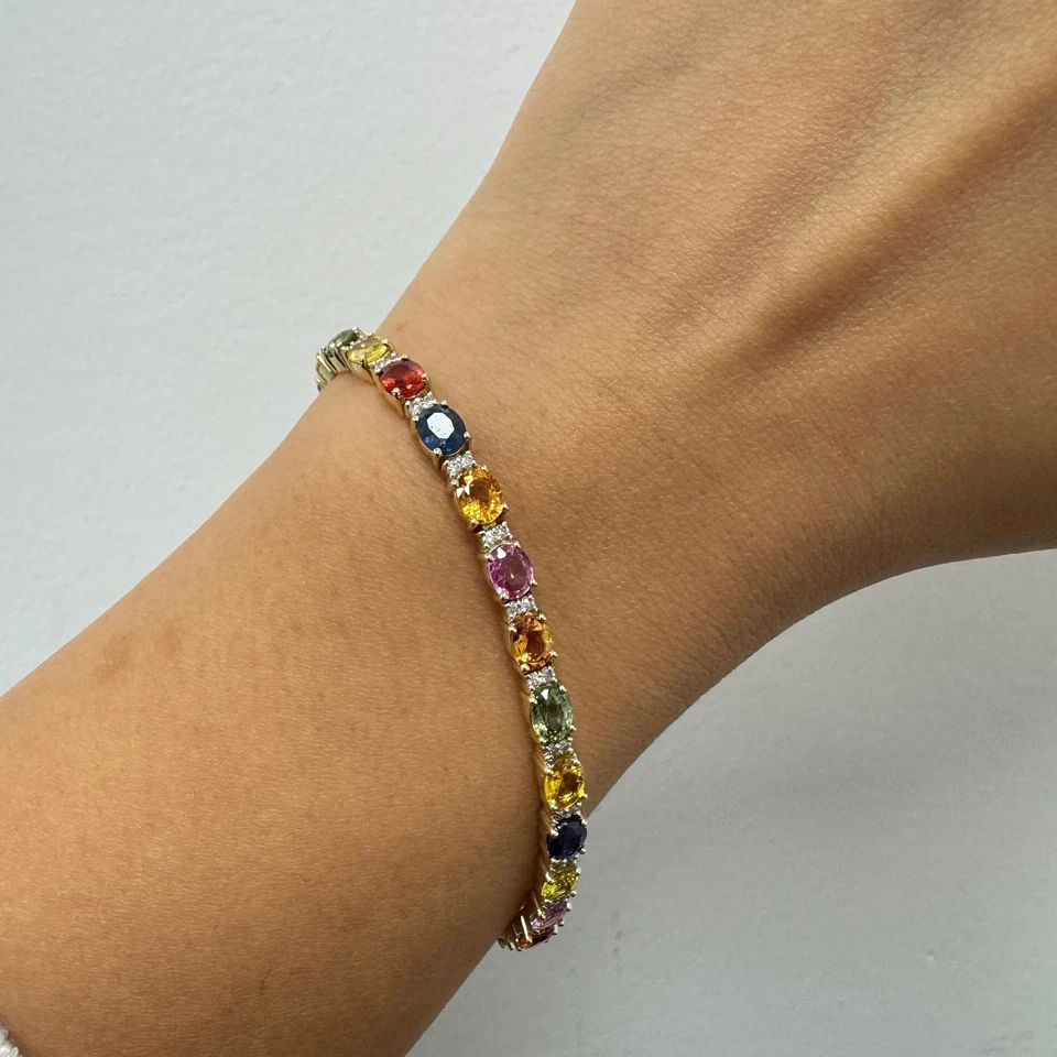 13Ctw Oval Lab Created Multicolor Tennis Bracelet 14K Yellow Gold Plated Silver Foto 3 de 4