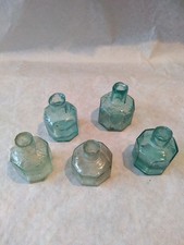 5 VICTORIAN OCTAGONAL  INK BOTTLES WITH SHEAR LIP.  GREEN AND CLEAR GLASS