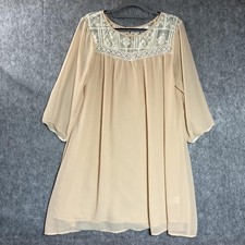 Umgee USA Dress Womens Medium Beige Lace Yoke 3/4 Sleeve Sheer Boho Cottage