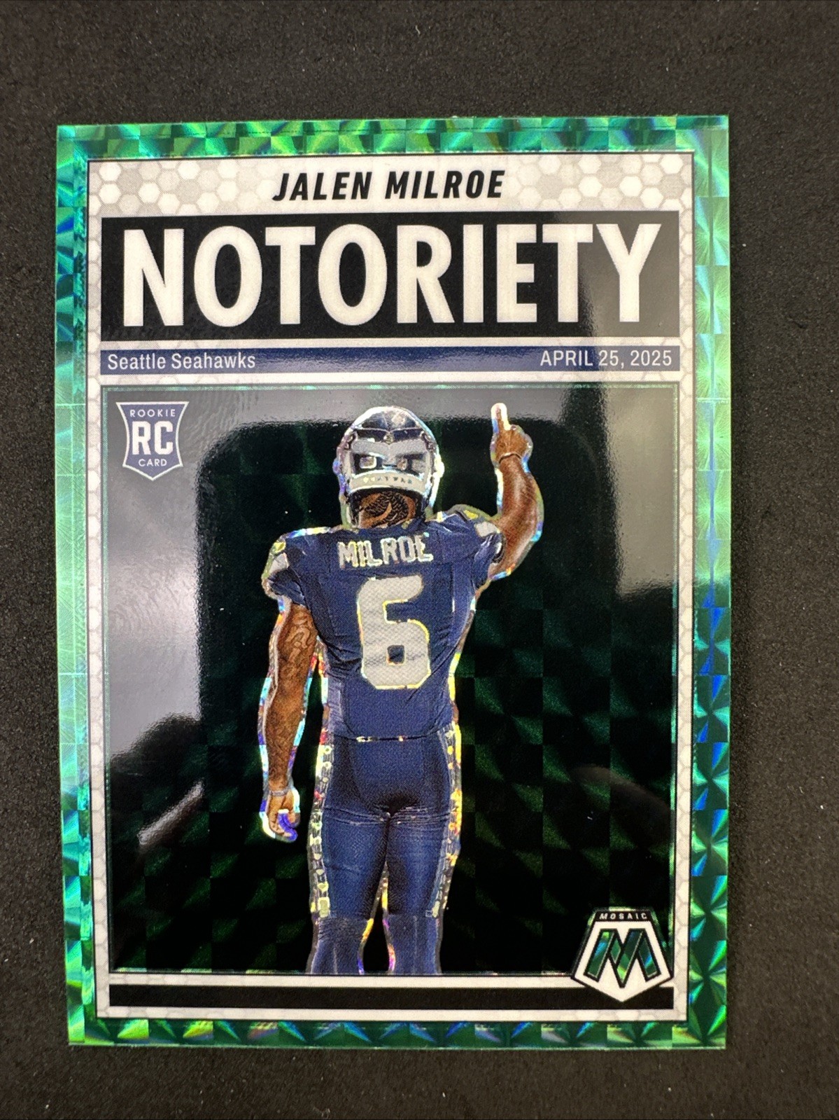 Jalen Milroe 2025 Panini Mosaic #15 Notoriety Green Prizm Rookie Card Seahawks