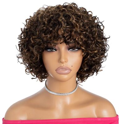 Fashion 8'' Highlight Blonde Curly Wig, Bangs, 10A Brazilian Virgin Hair