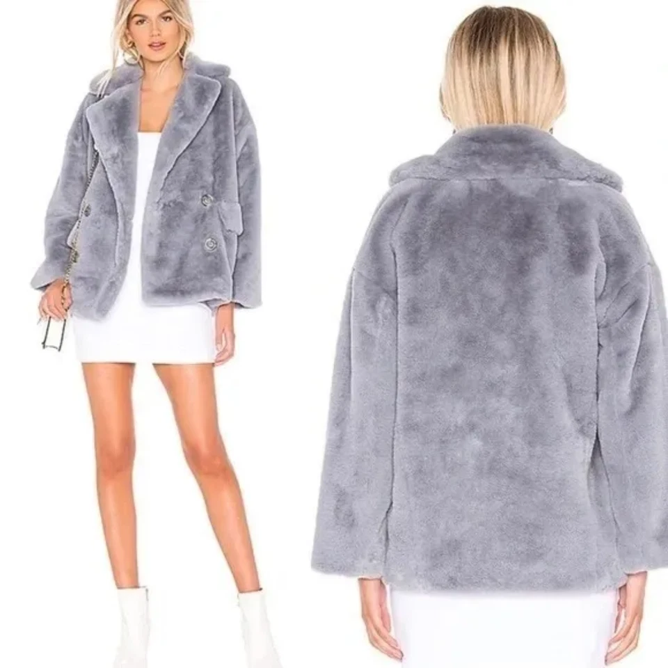 Free People Large with FLAWS Kate Faux Fur Coat Sky Blue Jacket BOHO OB912466 - Image 4 of 4