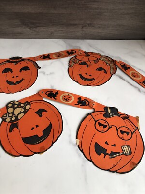 Vintage 1950s Beistle Four Jack O'Lantern Pumpkin Garland Banner Jointed