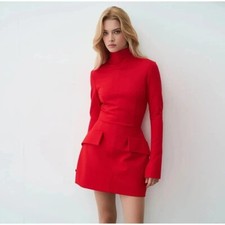 Chic Red Women Mini Dress Elegant Turtleneck Long Sleeve Bodycon A-line Dress