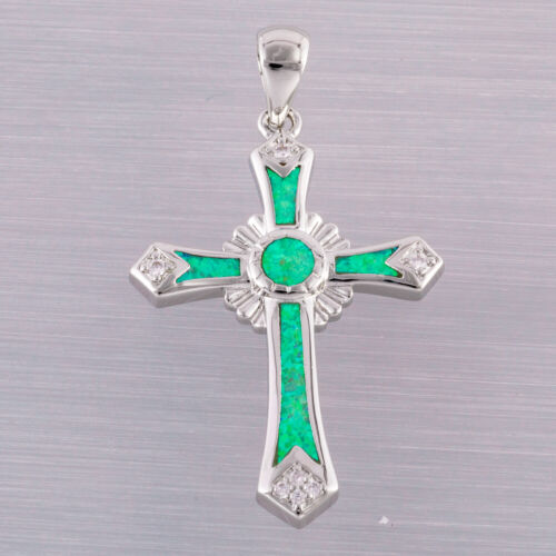 Long Celtic Cross Kiwi Green Fire Opal Silver Jewelry Necklace Pendant - Picture 1 of 6