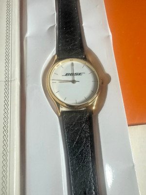 Bose Analog Watch White Face Gold Case, Silver Back Faux Black Leather Band RARE